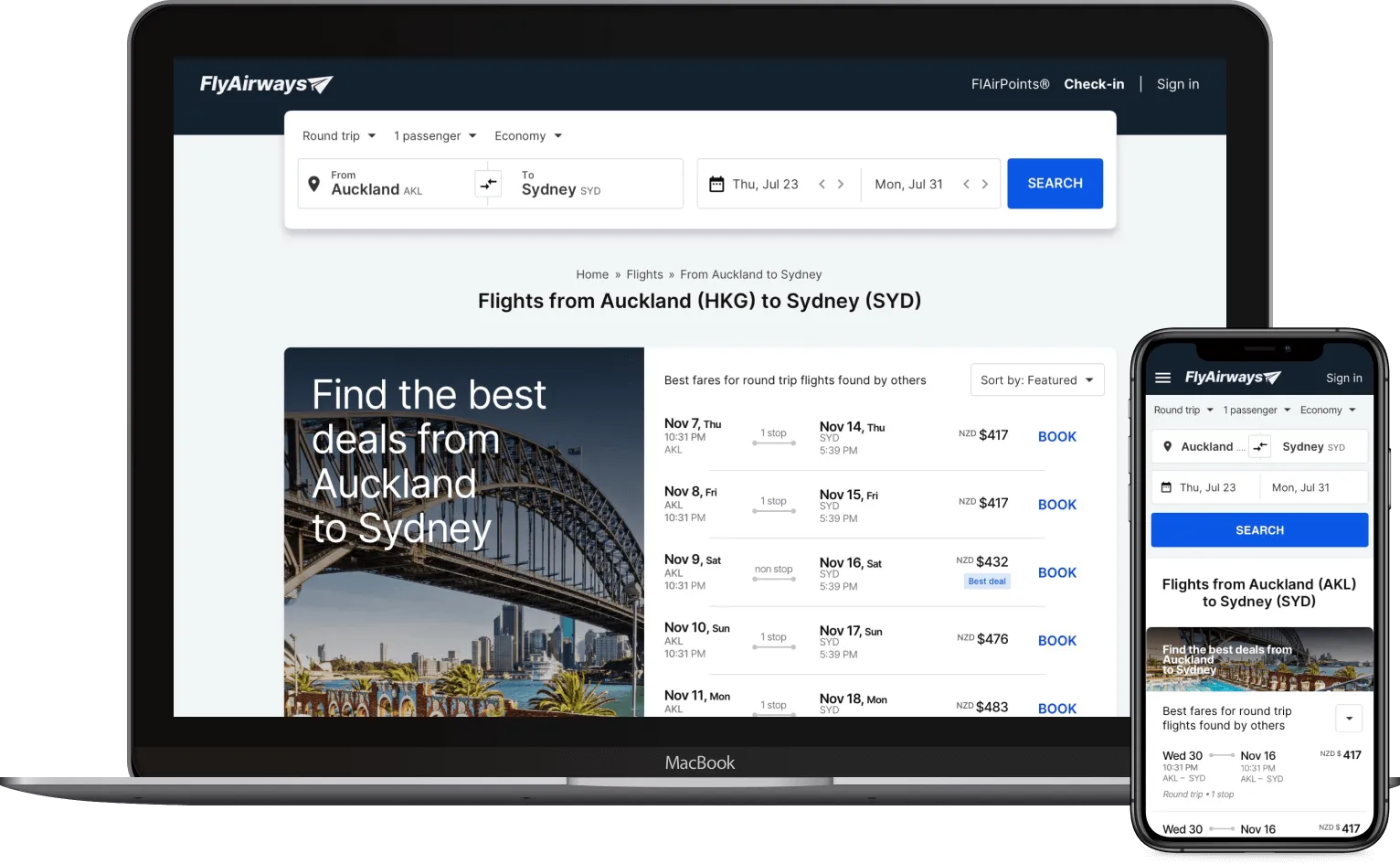 airTRFX fare pages shown across desktop and mobile airline implementations
