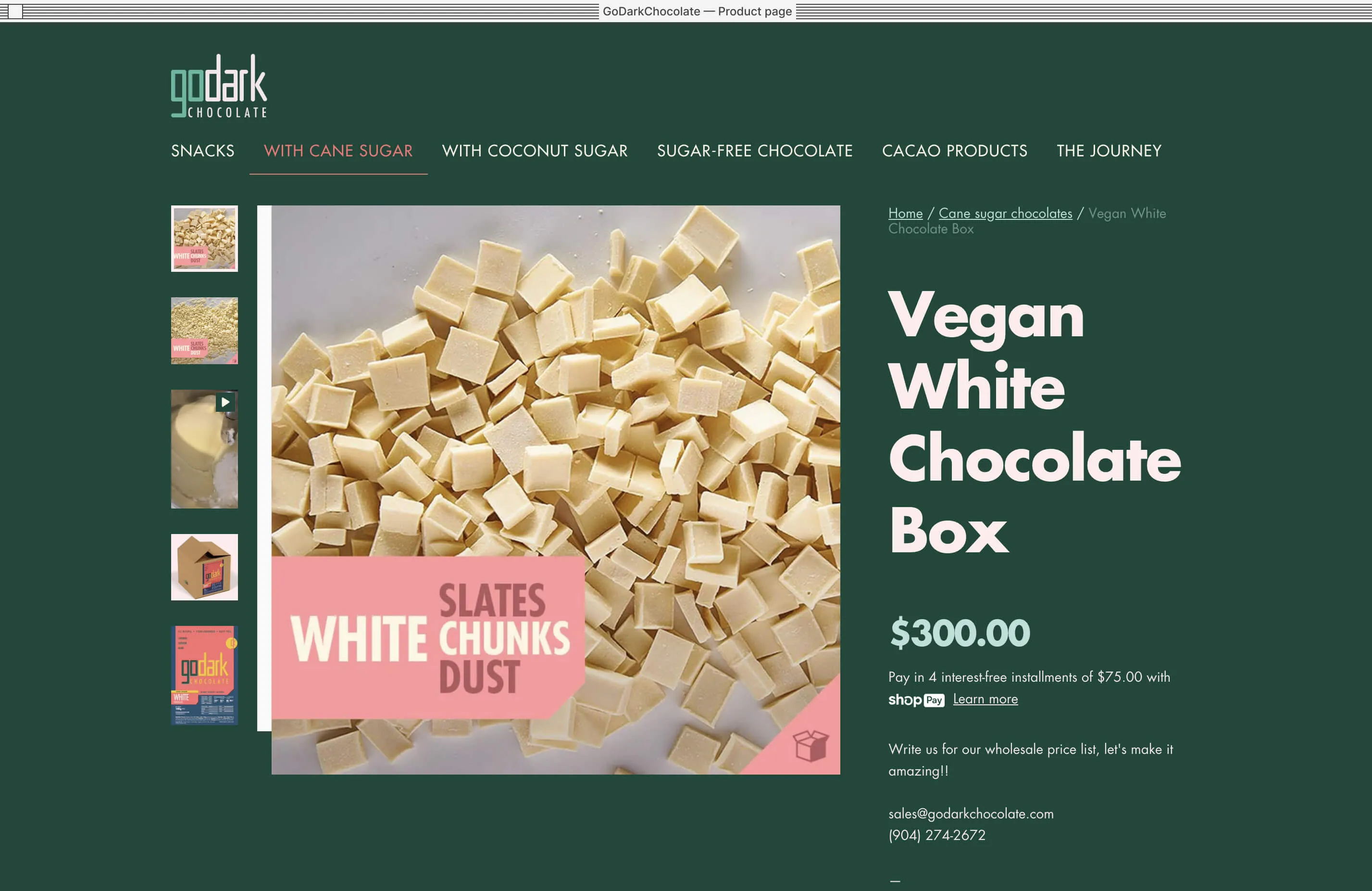 GoDark Chocolates website — vegan white chocolate product page showing products and prices