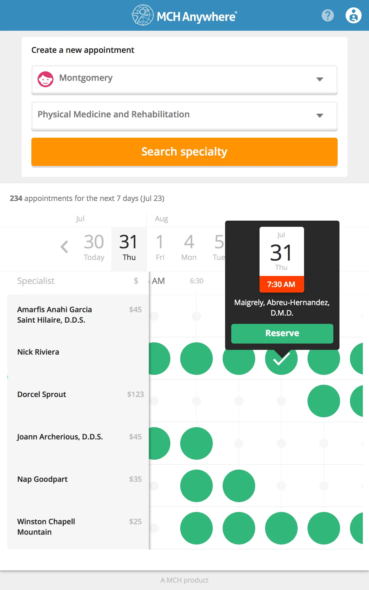 MCH Anywhere appointment screen showing available time slots