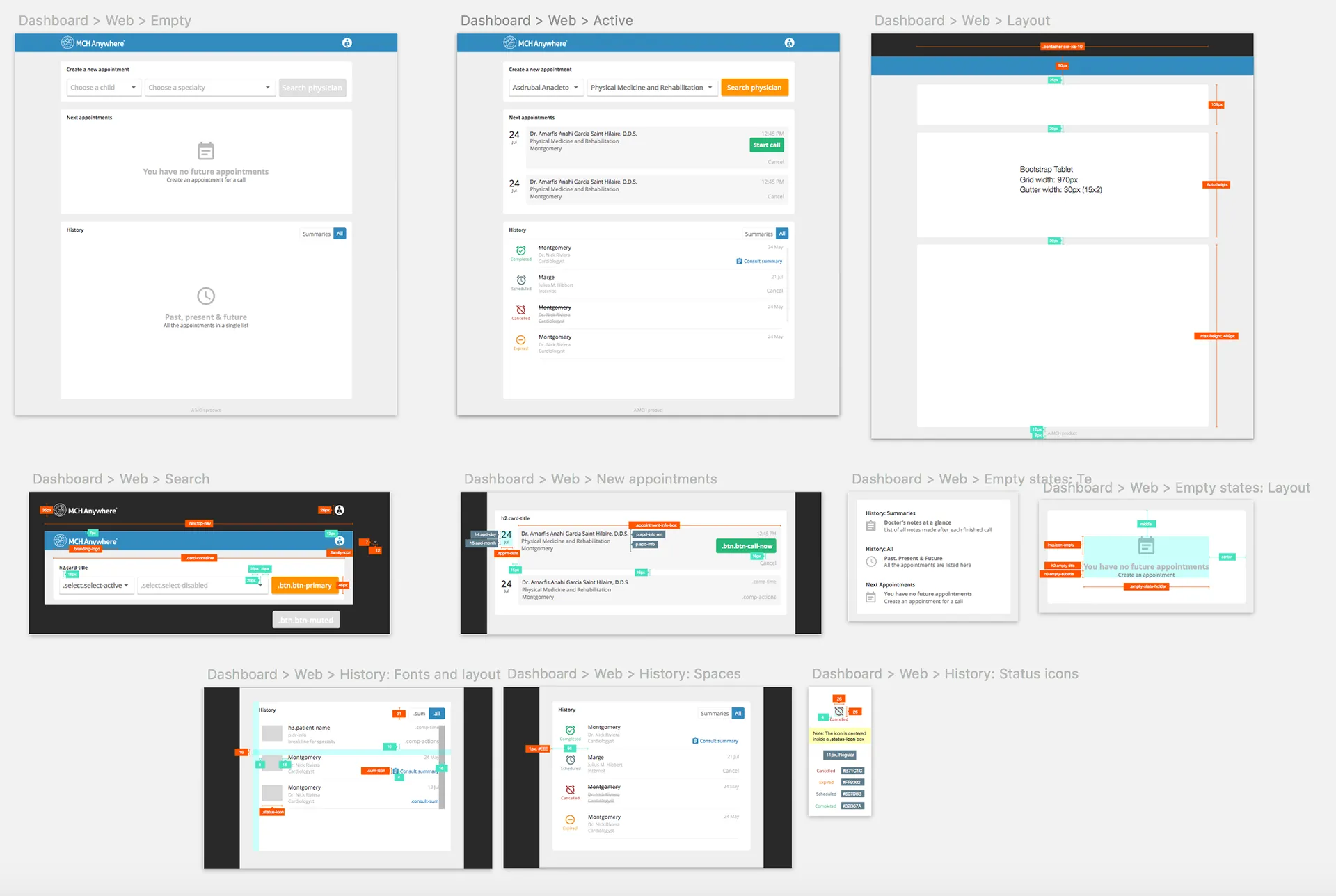 MCH Anywhere dashboard with developer specs for iOS and Android implementation
