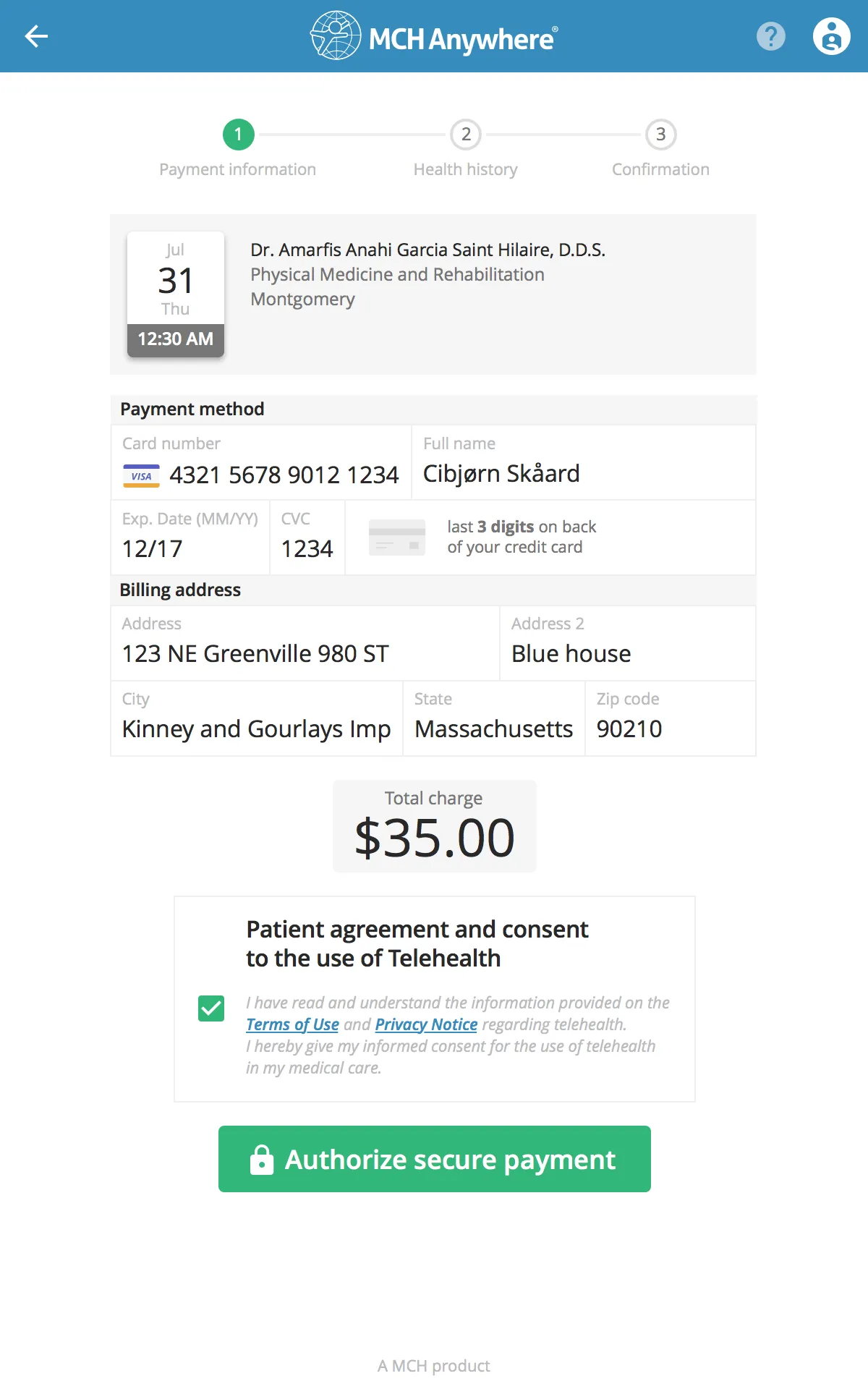 MCH Anywhere payment screen showing secure payment interface with trust indicators