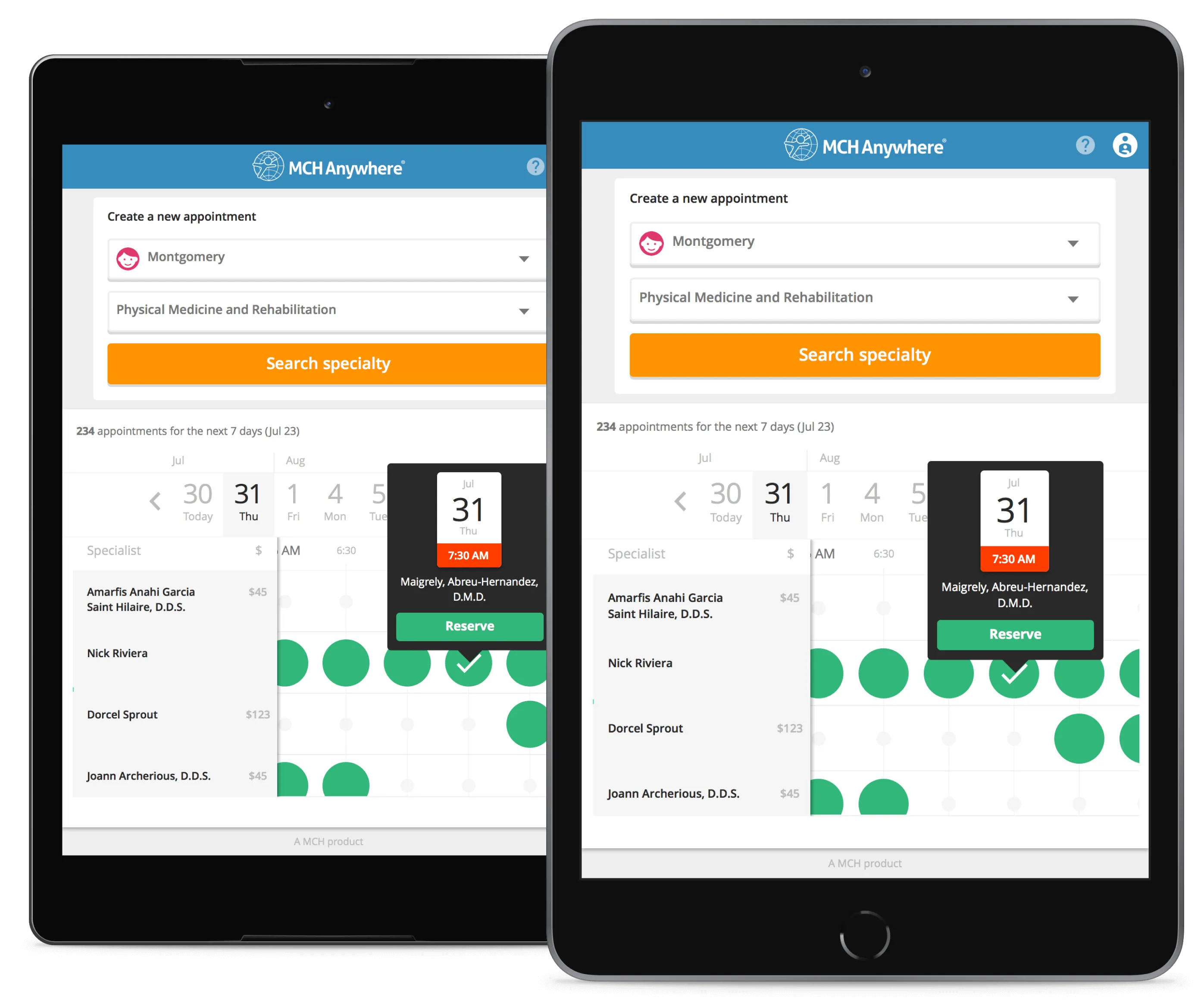 MCH Anywhere telemedicine app on tablet — appointment and consultation screens