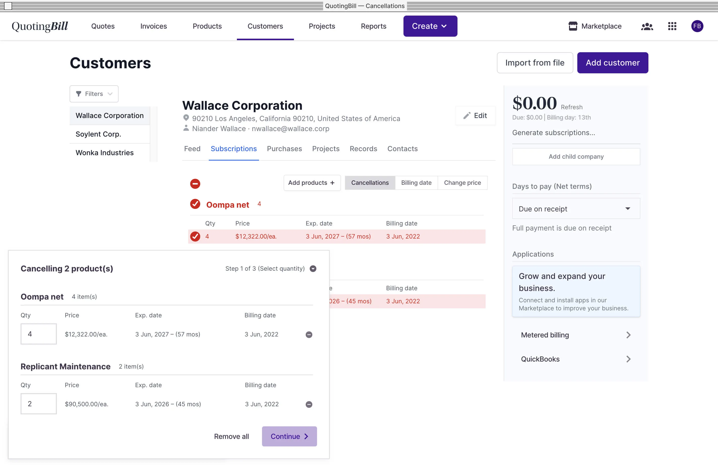 QuotingBill — customers page showing products selected for cancellation