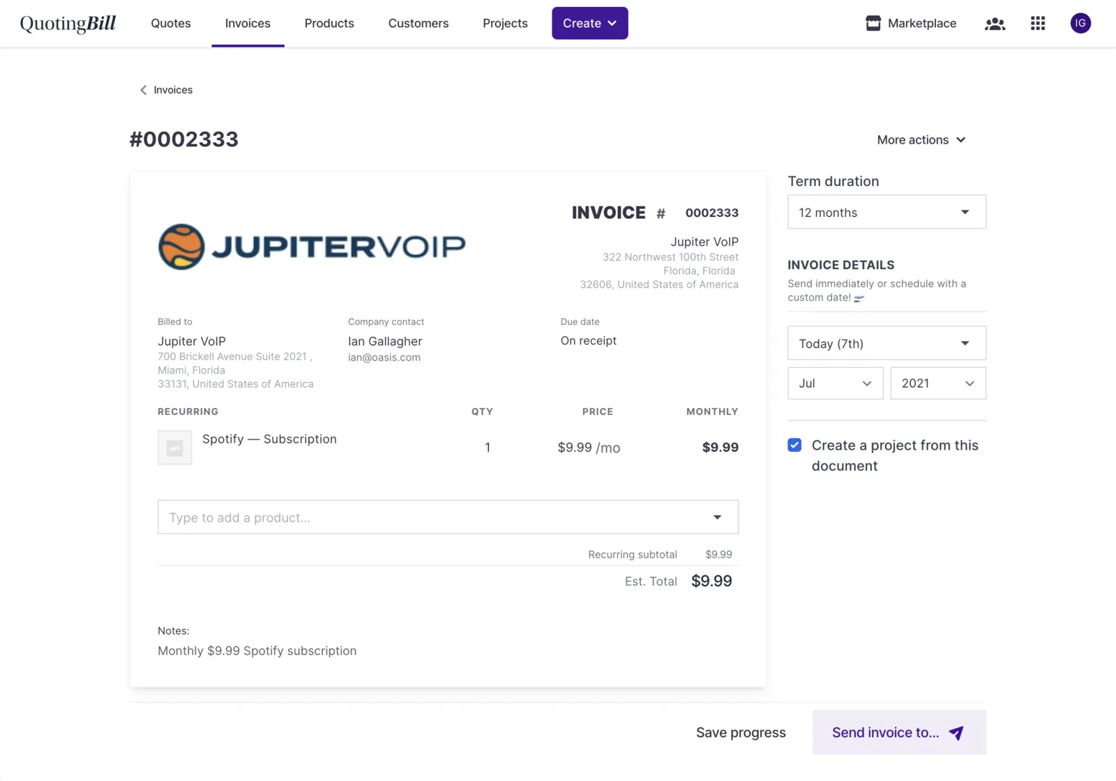 QuotingBill invoice page showing billing details and line items