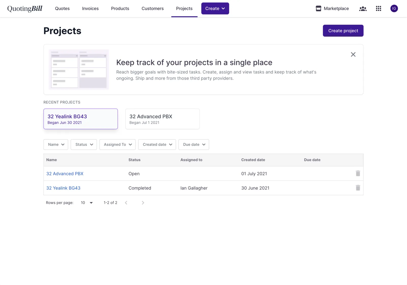 QuotingBill projects page showing active telecom billing projects