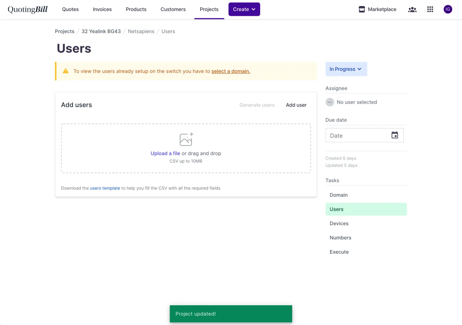QuotingBill user provisioning interface for third-party services